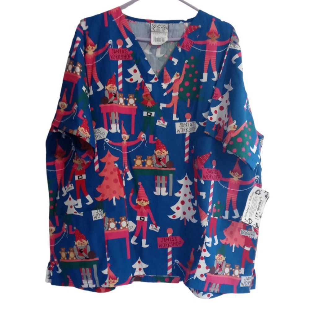 Women's Santa's Elves Workshop Scrub Top Size 2XL